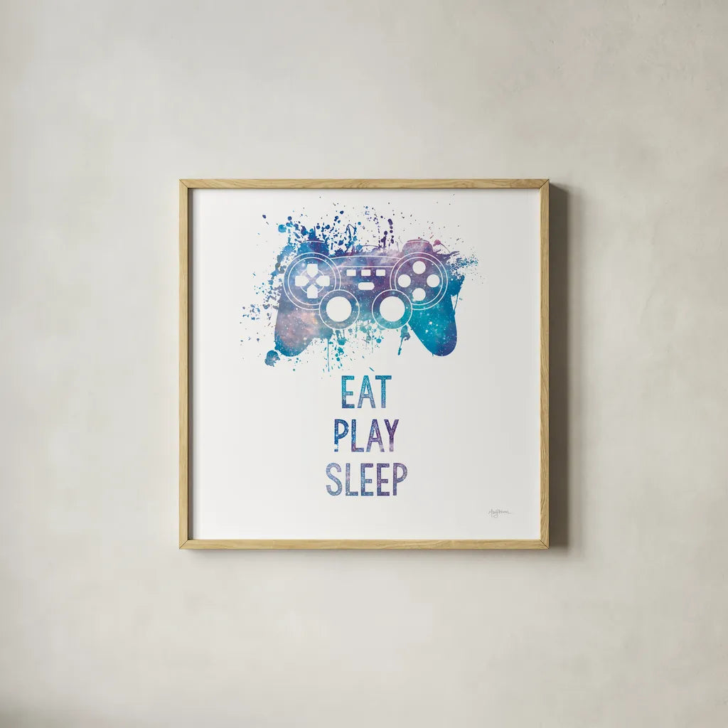 Gamer Splash III Play Sq by Mary Urban. Shown in a natural wood glass frame for a timeless modern aesthetic. Available as an archival giclee rolled canvas, fine art paper, or poster print. SKU 86626a.