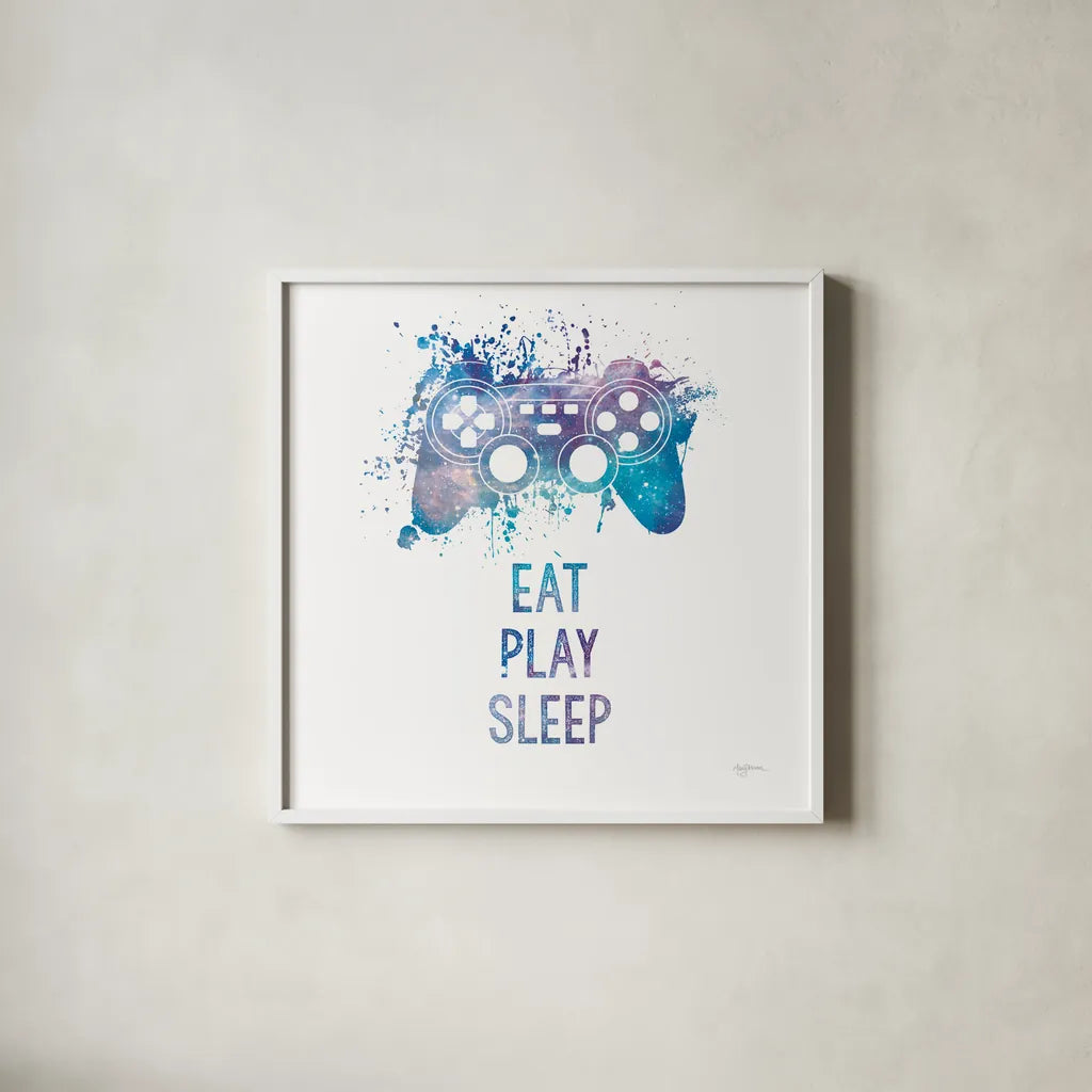 Gamer Splash III Play Sq by Mary Urban. Shown in a crisp white glass frame for a clean and minimalist style. Available as an archival giclee rolled canvas, fine art paper, or poster print. SKU 86626a.