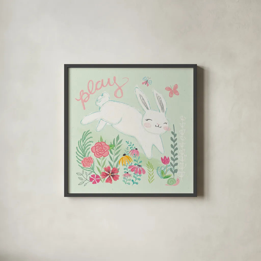 Garden Friends I by Mary Urban. Shown in a sleek black glass frame for a contemporary gallery look. Available as an archival giclee rolled canvas, fine art paper, or poster print. SKU 28584a.