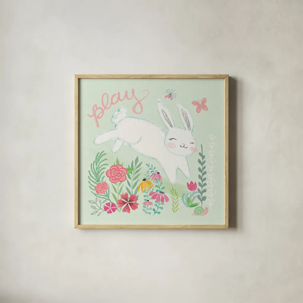 Garden Friends I by Mary Urban. Shown in a natural wood glass frame for a timeless modern aesthetic. Available as an archival giclee rolled canvas, fine art paper, or poster print. SKU 28584a.