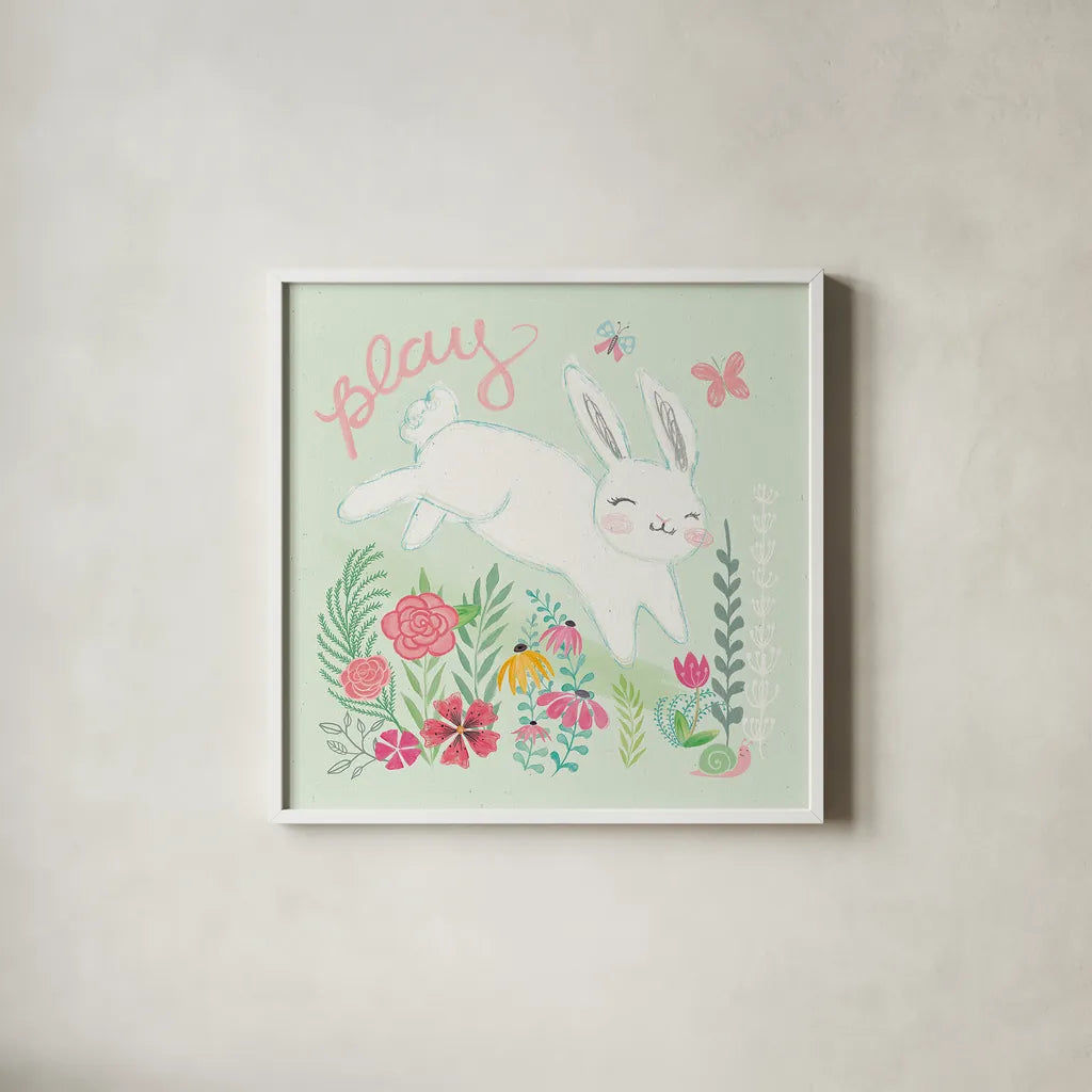 Garden Friends I by Mary Urban. Shown in a crisp white glass frame for a clean and minimalist style. Available as an archival giclee rolled canvas, fine art paper, or poster print. SKU 28584a.