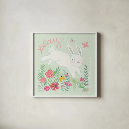 Garden Friends I by Mary Urban. Shown in a crisp white glass frame for a clean and minimalist style. Available as an archival giclee rolled canvas, fine art paper, or poster print. SKU 28584a.