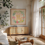 Garden Friends III by Mary Urban. Shown in a natural wood frame in a cozy modern living room. Available as an archival giclee rolled canvas, fine art paper, or poster print. SKU 28585a.