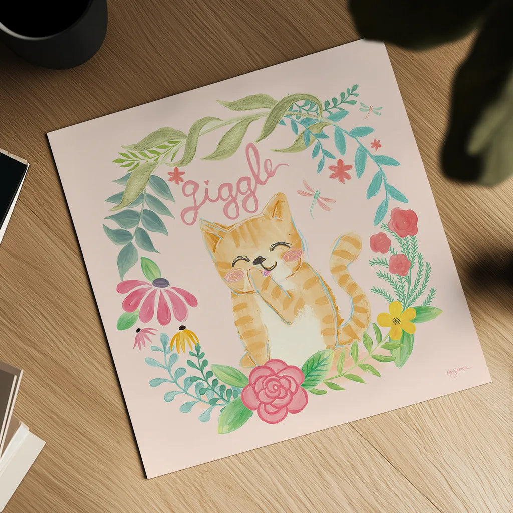 Garden Friends III Giggle by Mary Urban. Shown as a detailed flat fine art print, highlighting archival giclee quality. Available as an archival giclee rolled canvas, fine art paper, or poster print. SKU 29214a.