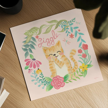 Garden Friends III Giggle by Mary Urban. Shown as a detailed flat fine art print, highlighting archival giclee quality. Available as an archival giclee rolled canvas, fine art paper, or poster print. SKU 29214a.