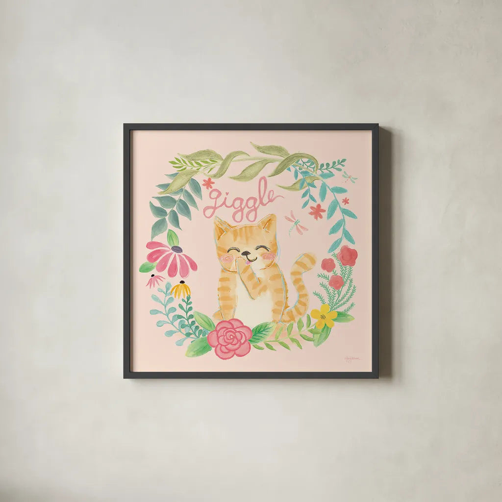 Garden Friends III Giggle by Mary Urban. Shown in a sleek black glass frame for a contemporary gallery look. Available as an archival giclee rolled canvas, fine art paper, or poster print. SKU 29214a.