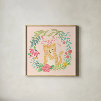 Garden Friends III Giggle by Mary Urban. Shown in a natural wood glass frame for a timeless modern aesthetic. Available as an archival giclee rolled canvas, fine art paper, or poster print. SKU 29214a.