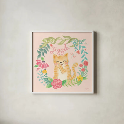 Garden Friends III Giggle by Mary Urban. Shown in a crisp white glass frame for a clean and minimalist style. Available as an archival giclee rolled canvas, fine art paper, or poster print. SKU 29214a.