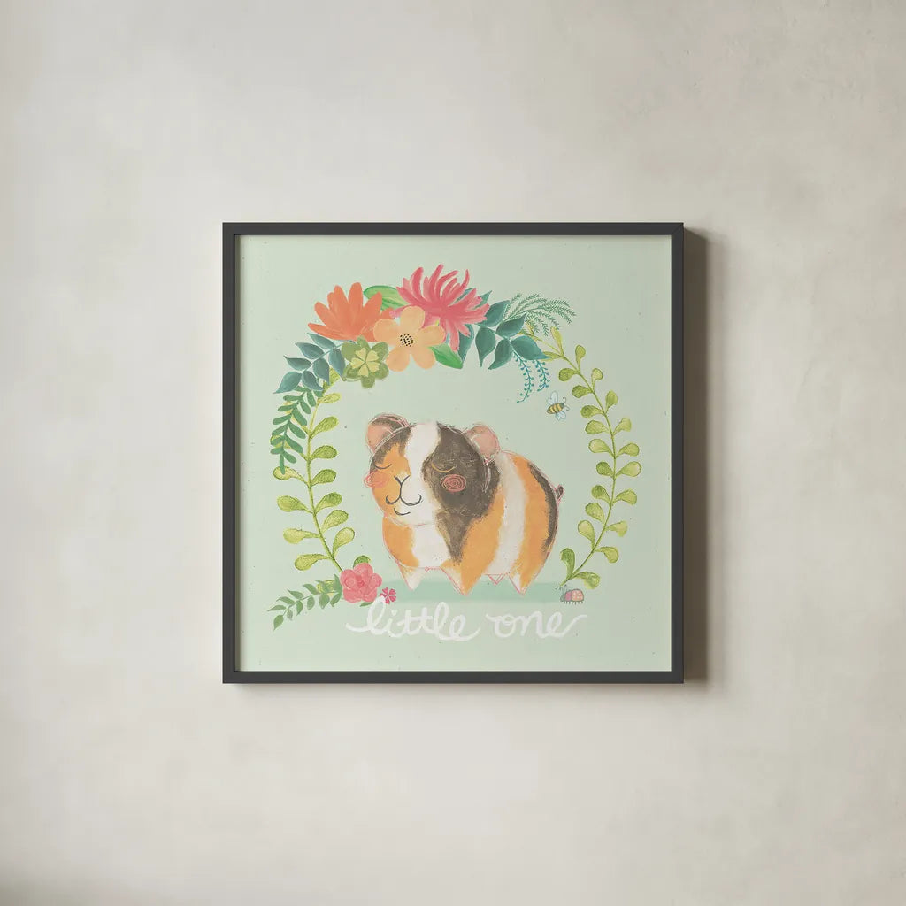 Garden Friends IV by Mary Urban. Shown in a sleek black glass frame for a contemporary gallery look. Available as an archival giclee rolled canvas, fine art paper, or poster print. SKU 28586a.