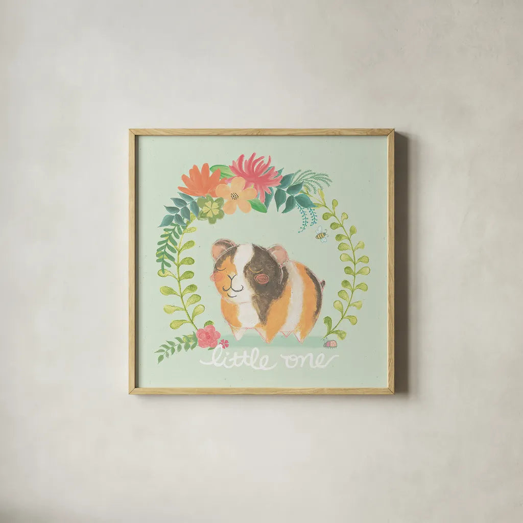 Garden Friends IV by Mary Urban. Shown in a natural wood glass frame for a timeless modern aesthetic. Available as an archival giclee rolled canvas, fine art paper, or poster print. SKU 28586a.