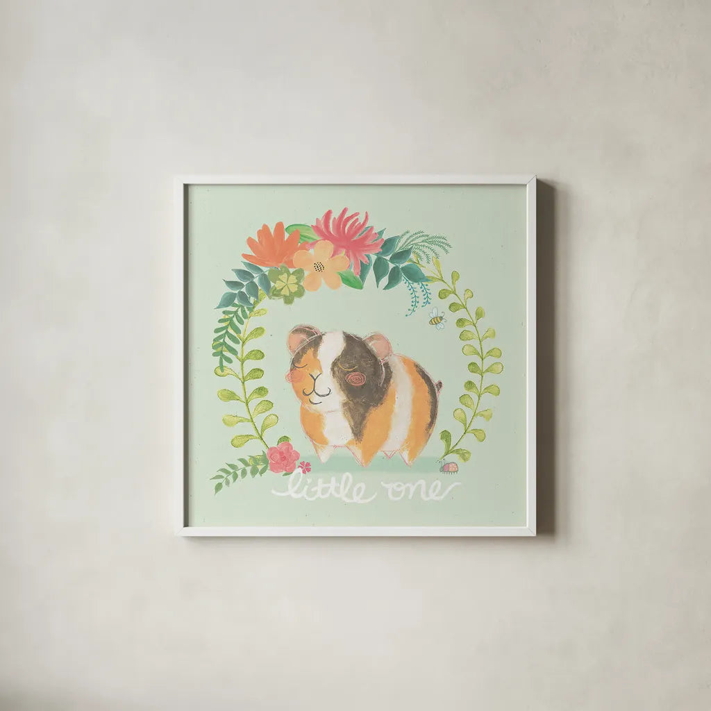 Garden Friends IV by Mary Urban. Shown in a crisp white glass frame for a clean and minimalist style. Available as an archival giclee rolled canvas, fine art paper, or poster print. SKU 28586a.