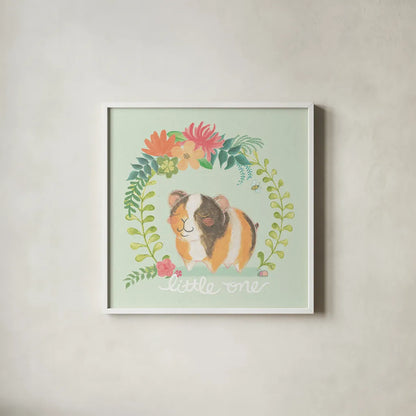 Garden Friends IV by Mary Urban. Shown in a crisp white glass frame for a clean and minimalist style. Available as an archival giclee rolled canvas, fine art paper, or poster print. SKU 28586a.