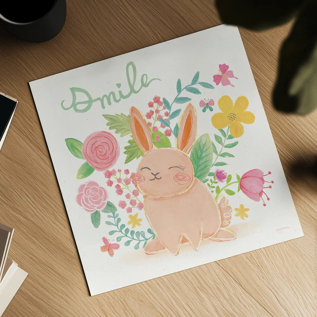 Garden Friends White II Smile by Mary Urban. Shown as a detailed flat fine art print, highlighting archival giclee quality. Available as an archival giclee rolled canvas, fine art paper, or poster print. SKU 29213a.