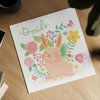 Garden Friends White II Smile by Mary Urban. Shown as a detailed flat fine art print, highlighting archival giclee quality. Available as an archival giclee rolled canvas, fine art paper, or poster print. SKU 29213a.