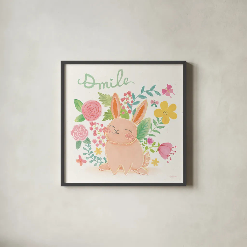 Garden Friends White II Smile by Mary Urban. Shown in a sleek black glass frame for a contemporary gallery look. Available as an archival giclee rolled canvas, fine art paper, or poster print. SKU 29213a.
