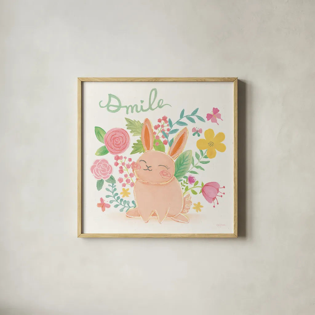 Garden Friends White II Smile by Mary Urban. Shown in a natural wood glass frame for a timeless modern aesthetic. Available as an archival giclee rolled canvas, fine art paper, or poster print. SKU 29213a.