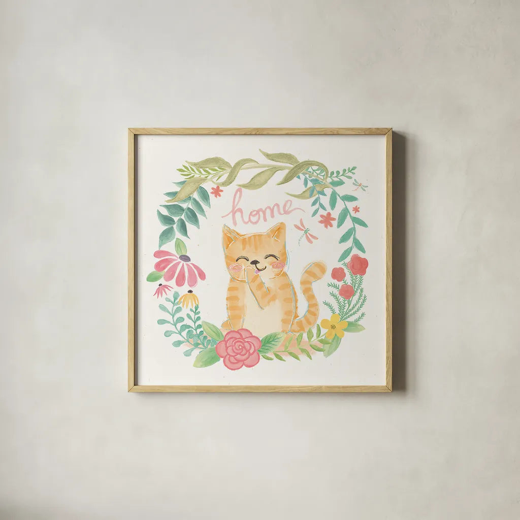 Garden Friends White III by Mary Urban. Shown in a natural wood glass frame for a timeless modern aesthetic. Available as an archival giclee rolled canvas, fine art paper, or poster print. SKU 28590a.