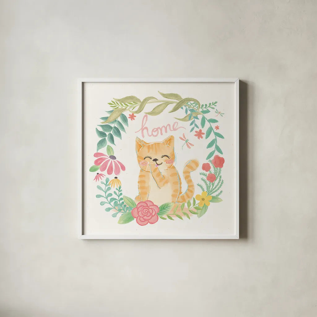 Garden Friends White III by Mary Urban. Shown in a crisp white glass frame for a clean and minimalist style. Available as an archival giclee rolled canvas, fine art paper, or poster print. SKU 28590a.