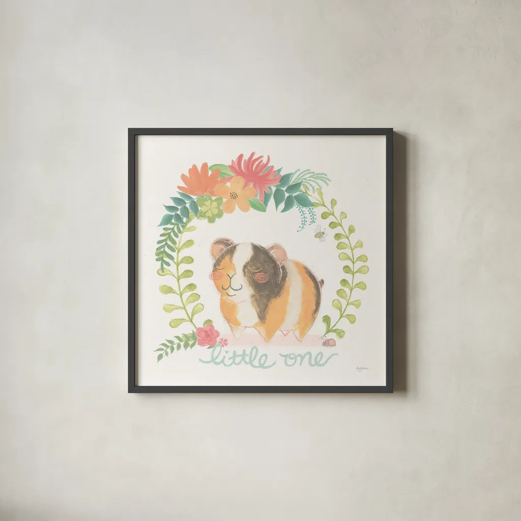 Garden Friends White IV by Mary Urban. Shown in a sleek black glass frame for a contemporary gallery look. Available as an archival giclee rolled canvas, fine art paper, or poster print. SKU 28591a.