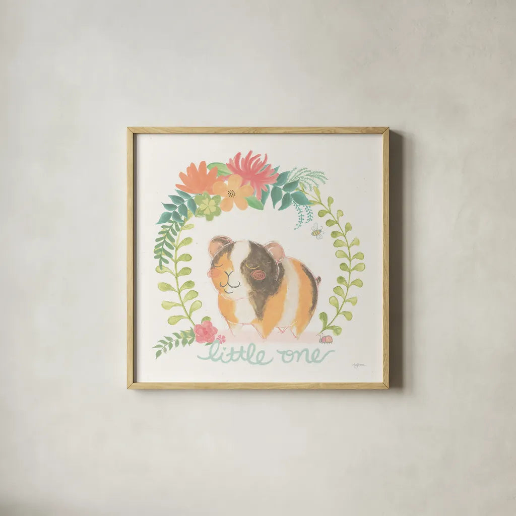 Garden Friends White IV by Mary Urban. Shown in a natural wood glass frame for a timeless modern aesthetic. Available as an archival giclee rolled canvas, fine art paper, or poster print. SKU 28591a.