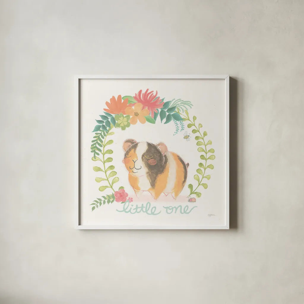 Garden Friends White IV by Mary Urban. Shown in a crisp white glass frame for a clean and minimalist style. Available as an archival giclee rolled canvas, fine art paper, or poster print. SKU 28591a.