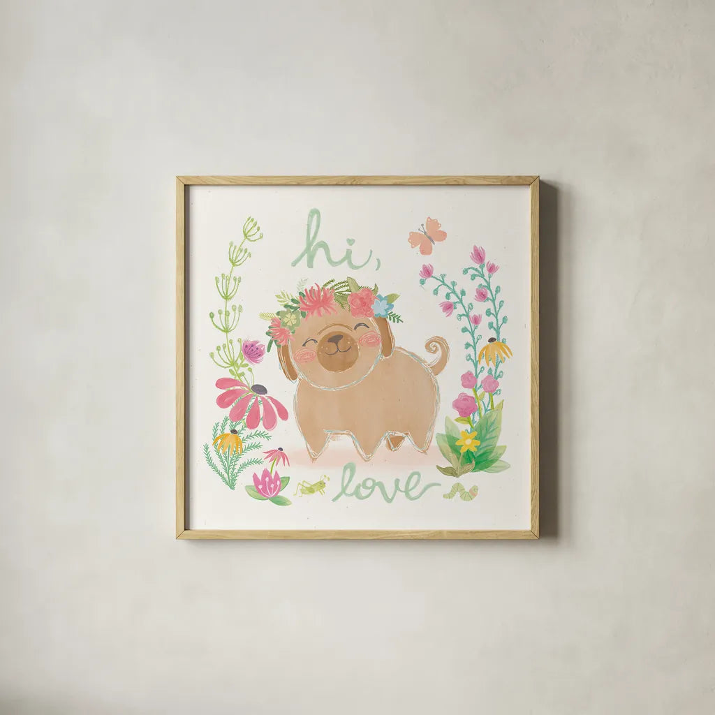 Garden Friends White V by Mary Urban. Shown in a natural wood glass frame for a timeless modern aesthetic. Available as an archival giclee rolled canvas, fine art paper, or poster print. SKU 28592a.