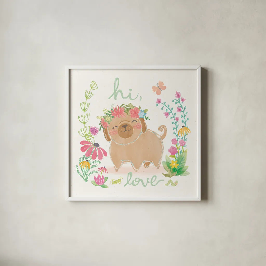 Garden Friends White V by Mary Urban. Shown in a crisp white glass frame for a clean and minimalist style. Available as an archival giclee rolled canvas, fine art paper, or poster print. SKU 28592a.
