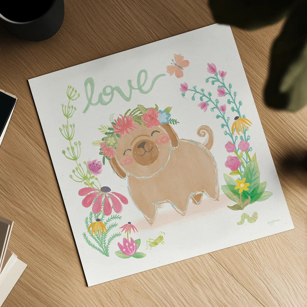 Garden Friends White V Love by Mary Urban. Shown as a detailed flat fine art print, highlighting archival giclee quality. Available as an archival giclee rolled canvas, fine art paper, or poster print. SKU 29215a.