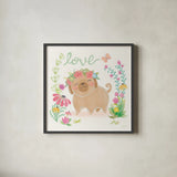 Garden Friends White V Love by Mary Urban. Shown in a sleek black glass frame for a contemporary gallery look. Available as an archival giclee rolled canvas, fine art paper, or poster print. SKU 29215a.