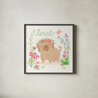 Garden Friends White V Love by Mary Urban. Shown in a sleek black glass frame for a contemporary gallery look. Available as an archival giclee rolled canvas, fine art paper, or poster print. SKU 29215a.