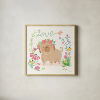 Garden Friends White V Love by Mary Urban. Shown in a natural wood glass frame for a timeless modern aesthetic. Available as an archival giclee rolled canvas, fine art paper, or poster print. SKU 29215a.