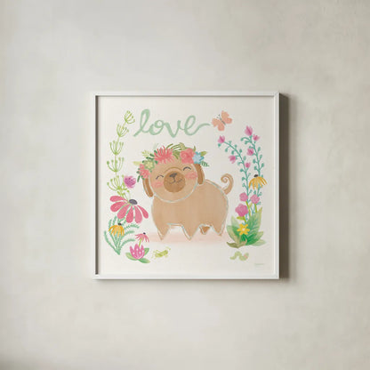 Garden Friends White V Love by Mary Urban. Shown in a crisp white glass frame for a clean and minimalist style. Available as an archival giclee rolled canvas, fine art paper, or poster print. SKU 29215a.