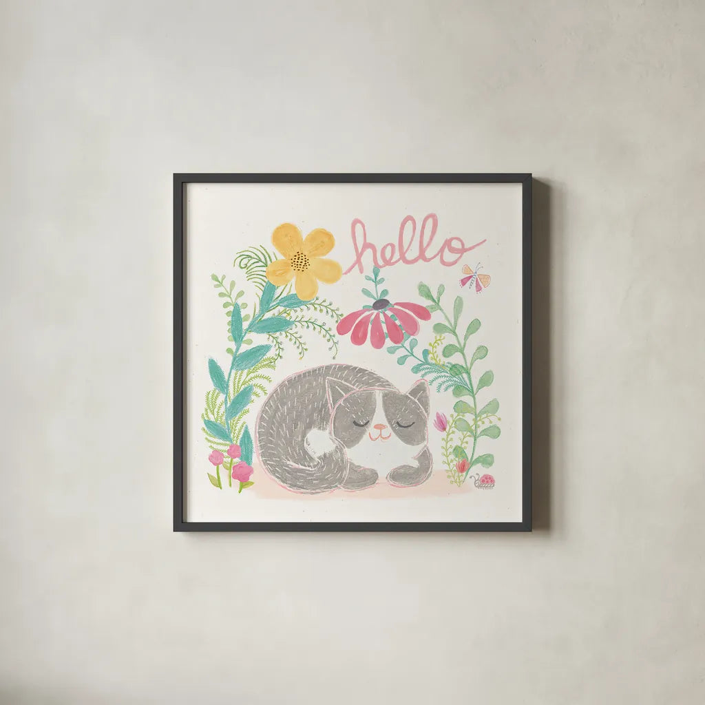 Garden Friends White VI by Mary Urban. Shown in a sleek black glass frame for a contemporary gallery look. Available as an archival giclee rolled canvas, fine art paper, or poster print. SKU 28593a.
