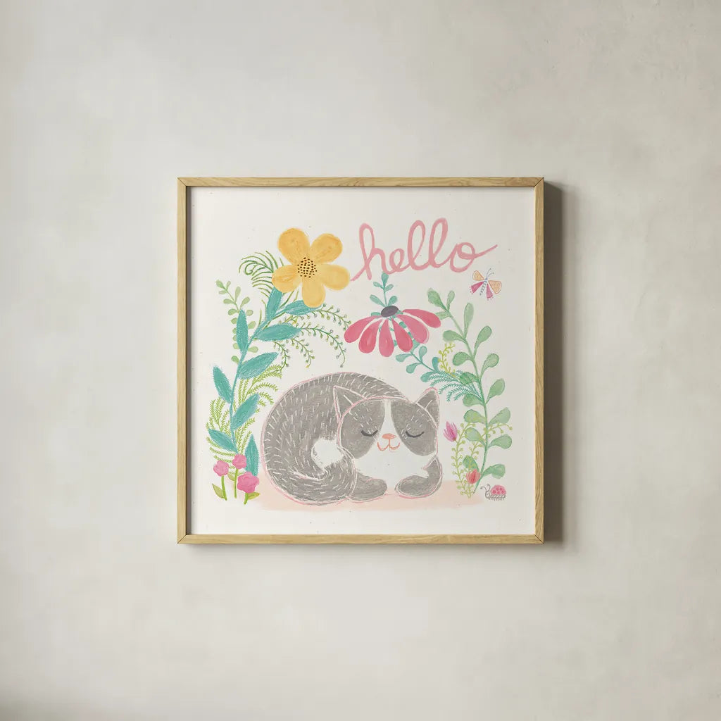 Garden Friends White VI by Mary Urban. Shown in a natural wood glass frame for a timeless modern aesthetic. Available as an archival giclee rolled canvas, fine art paper, or poster print. SKU 28593a.