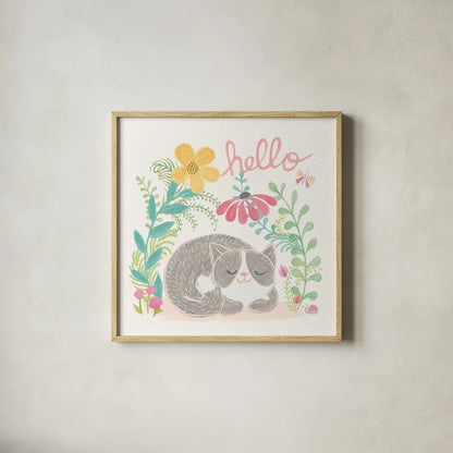 Garden Friends White VI by Mary Urban. Shown in a natural wood glass frame for a timeless modern aesthetic. Available as an archival giclee rolled canvas, fine art paper, or poster print. SKU 28593a.