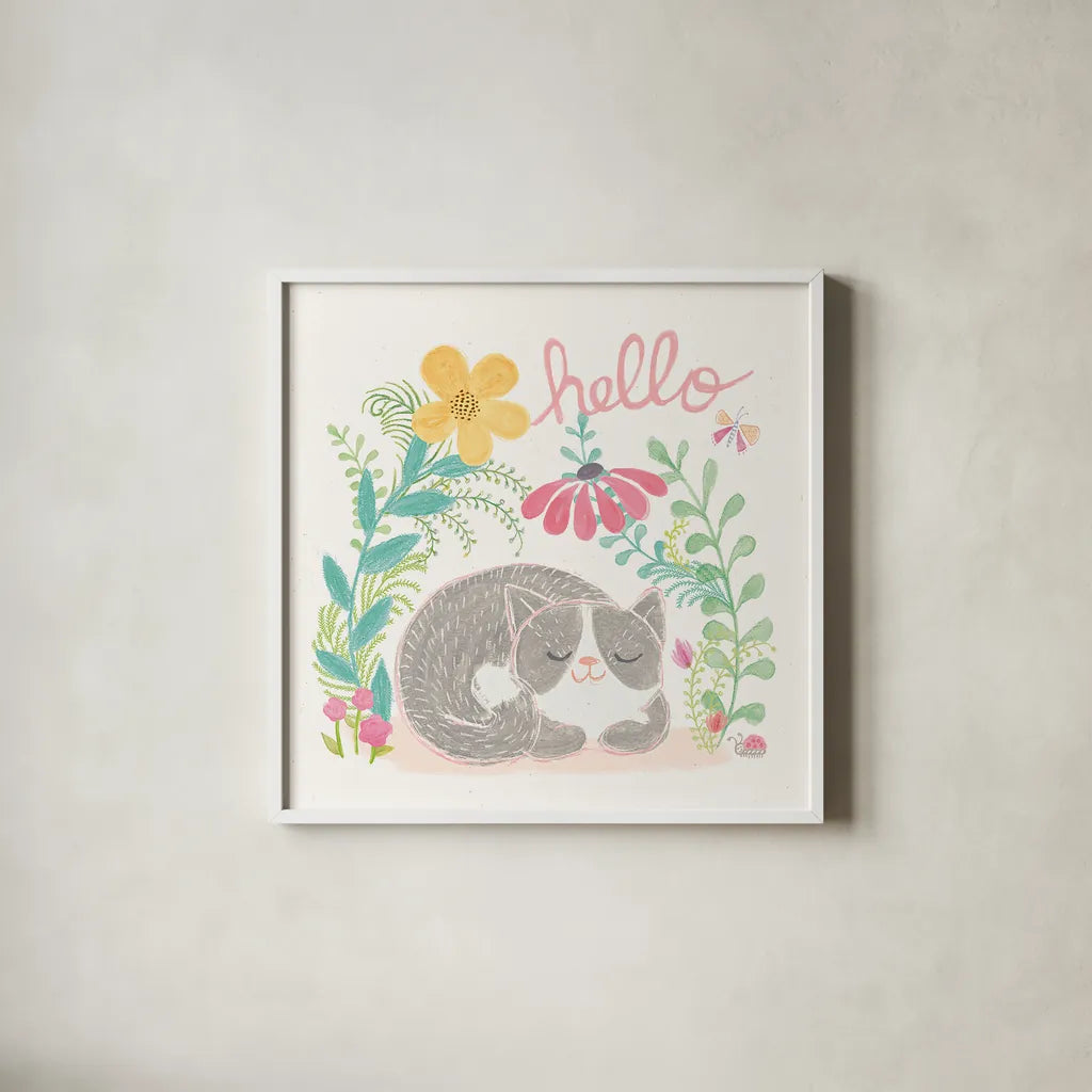 Garden Friends White VI by Mary Urban. Shown in a crisp white glass frame for a clean and minimalist style. Available as an archival giclee rolled canvas, fine art paper, or poster print. SKU 28593a.