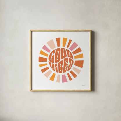 Good Vibes by Mary Urban. Shown in a natural wood glass frame for a timeless modern aesthetic. Available as an archival giclee rolled canvas, fine art paper, or poster print. SKU 77610a.