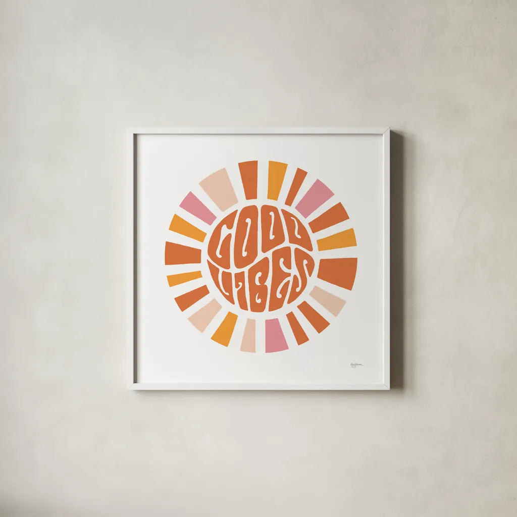 Good Vibes by Mary Urban. Shown in a crisp white glass frame for a clean and minimalist style. Available as an archival giclee rolled canvas, fine art paper, or poster print. SKU 77610a.