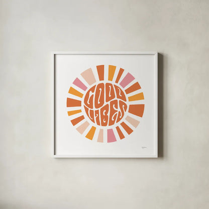 Good Vibes by Mary Urban. Shown in a crisp white glass frame for a clean and minimalist style. Available as an archival giclee rolled canvas, fine art paper, or poster print. SKU 77610a.