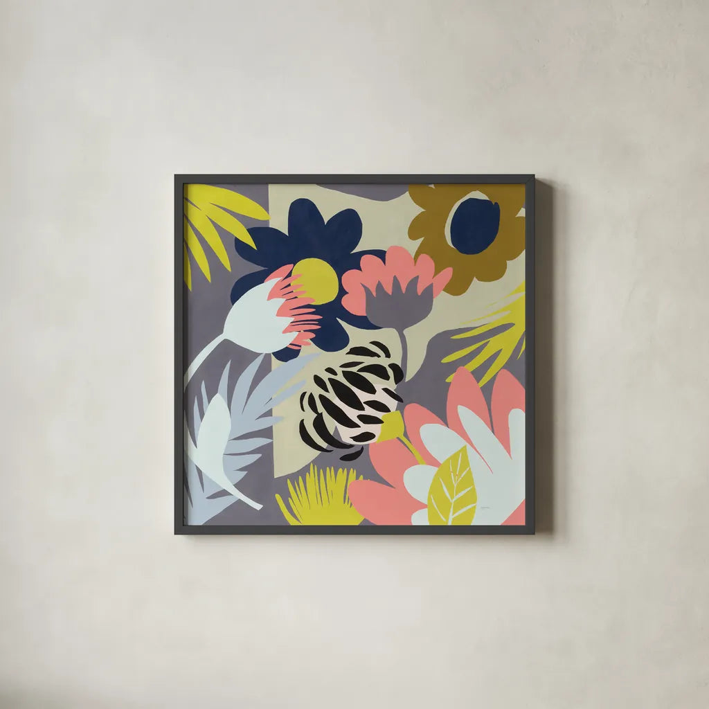 Groovy Garden by Mary Urban. Shown in a sleek black glass frame for a contemporary gallery look. Available as an archival giclee rolled canvas, fine art paper, or poster print. SKU 54363a.
