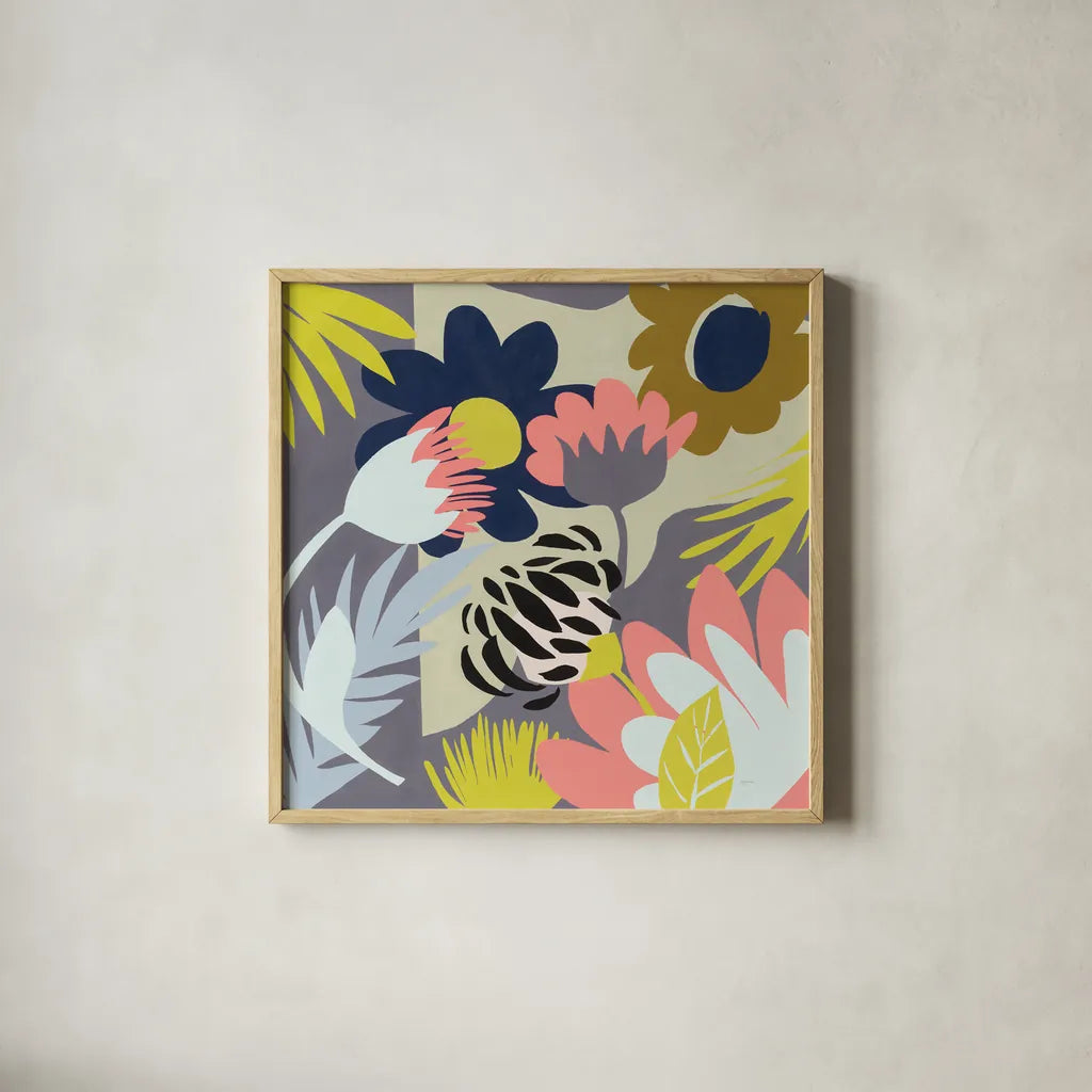 Groovy Garden by Mary Urban. Shown in a natural wood glass frame for a timeless modern aesthetic. Available as an archival giclee rolled canvas, fine art paper, or poster print. SKU 54363a.