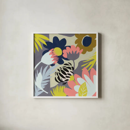 Groovy Garden by Mary Urban. Shown in a crisp white glass frame for a clean and minimalist style. Available as an archival giclee rolled canvas, fine art paper, or poster print. SKU 54363a.