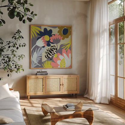 Groovy Garden by Mary Urban. Shown in a natural wood frame in a cozy modern living room. Available as an archival giclee rolled canvas, fine art paper, or poster print. SKU 54363a.