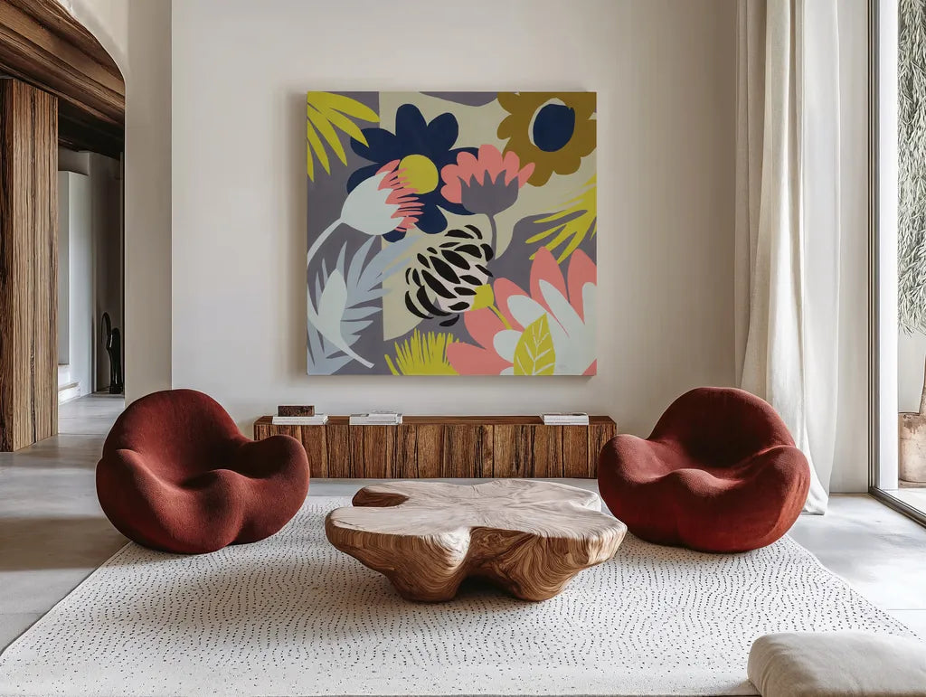Groovy Garden by Mary Urban. Shown as extra-large giant wall art in a modern living room. Available as an archival giclee rolled canvas, fine art paper, or poster print. SKU 54363a.
