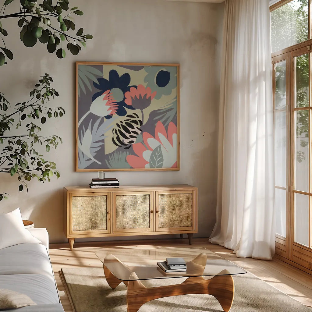 Groovy Garden Mint by Mary Urban. Shown in a natural wood frame in a cozy modern living room. Available as an archival giclee rolled canvas, fine art paper, or poster print. SKU 56480a.