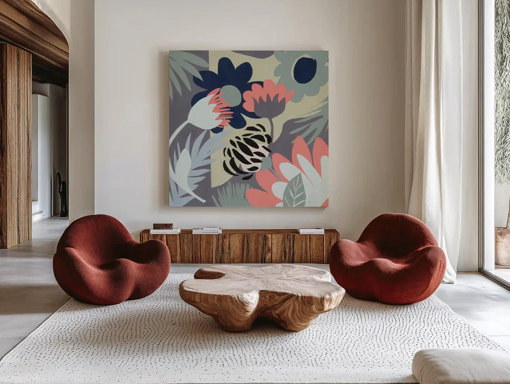 Groovy Garden Mint by Mary Urban. Shown as extra-large giant wall art in a modern living room. Available as an archival giclee rolled canvas, fine art paper, or poster print. SKU 56480a.