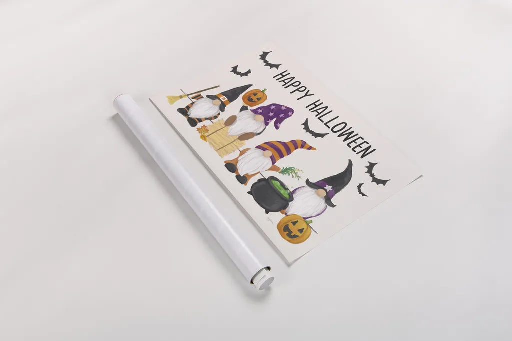 Halloween Gnomes I by Mary Urban. shown as a rolled paper print. Available as archival giclee rolled canvas, fine art paper, or poster print. SKU 76302i.