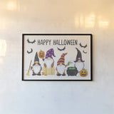 Halloween Gnomes I by Mary Urban. shown as a paper print in a black flame. Available as a archival giclee rolled canvas, fine art paper, or poster print. SKU 76302i.