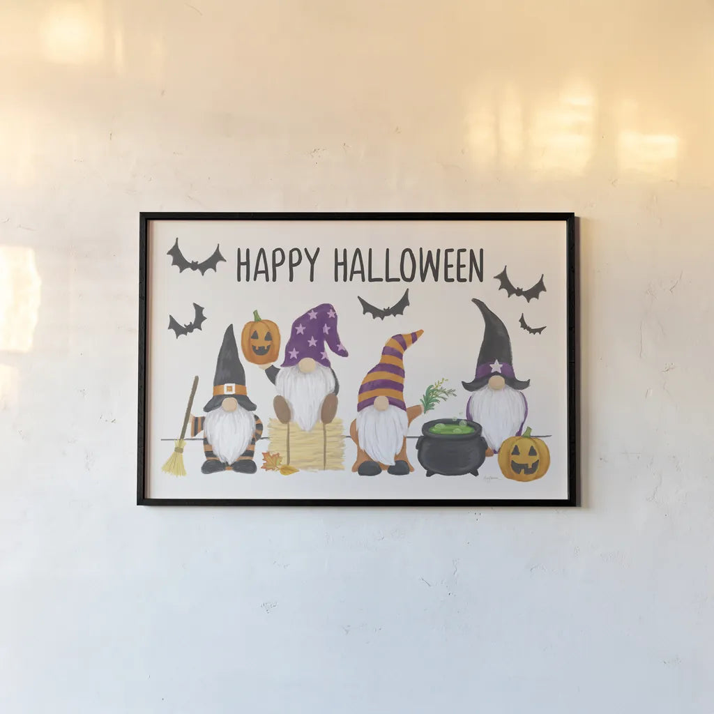 Halloween Gnomes I by Mary Urban. shown as a paper print in a black flame. Available as a archival giclee rolled canvas, fine art paper, or poster print. SKU 76302i.