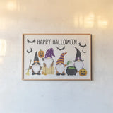 Halloween Gnomes I by Mary Urban. shown as a paper print in a natural frame. Available as a archival giclee rolled canvas, fine art paper, or poster print. SKU 76302i.